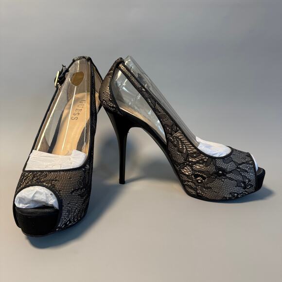 Guess Gwhondola Black Lace Peep Toe Platform - Picture 1 of 7